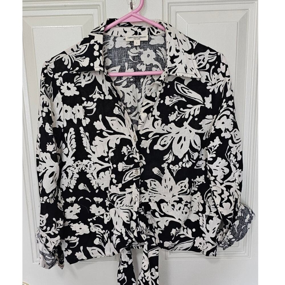 Christian Siriano Linen Blend Floral Tie-Front Crop Blouse, Black/White, Size L